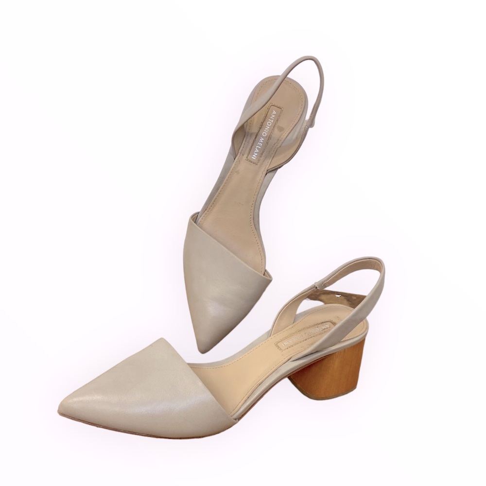 Antonio Melani Klaudi Beige Leather Pointed Toe Wood Block Heel Sling-backs